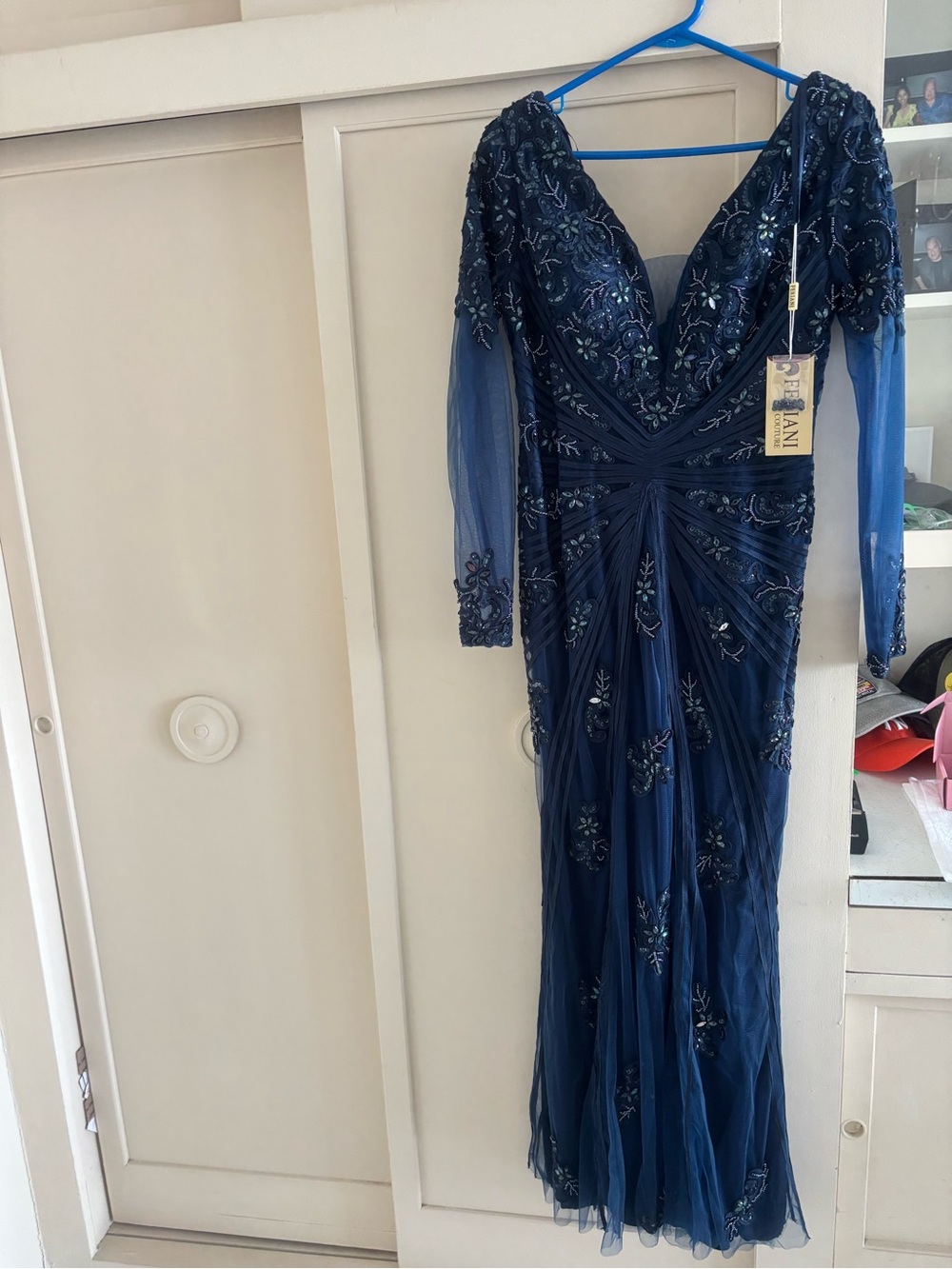 Navy Long-Sleeve Embellished Evening Gown by Jovani